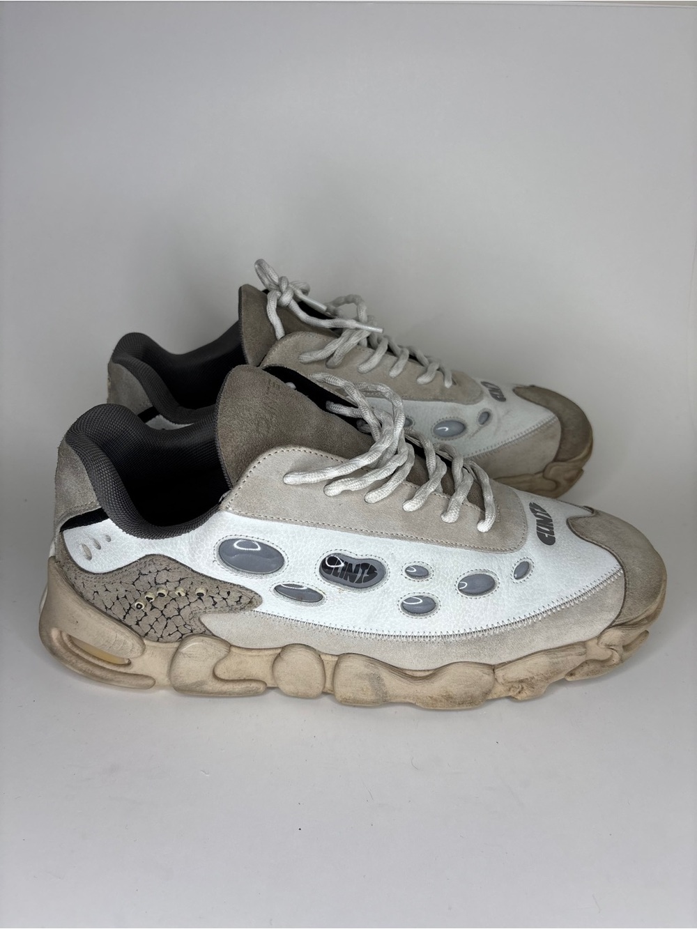 Chunky White and Beige Athletic Sneakers clints shoes Men Size 45 US 12 Leather